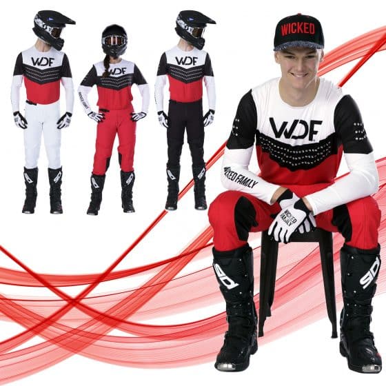 Four riders in the red block MX gear set 