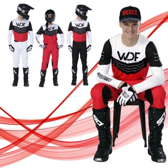 Four riders in the red block gear set
